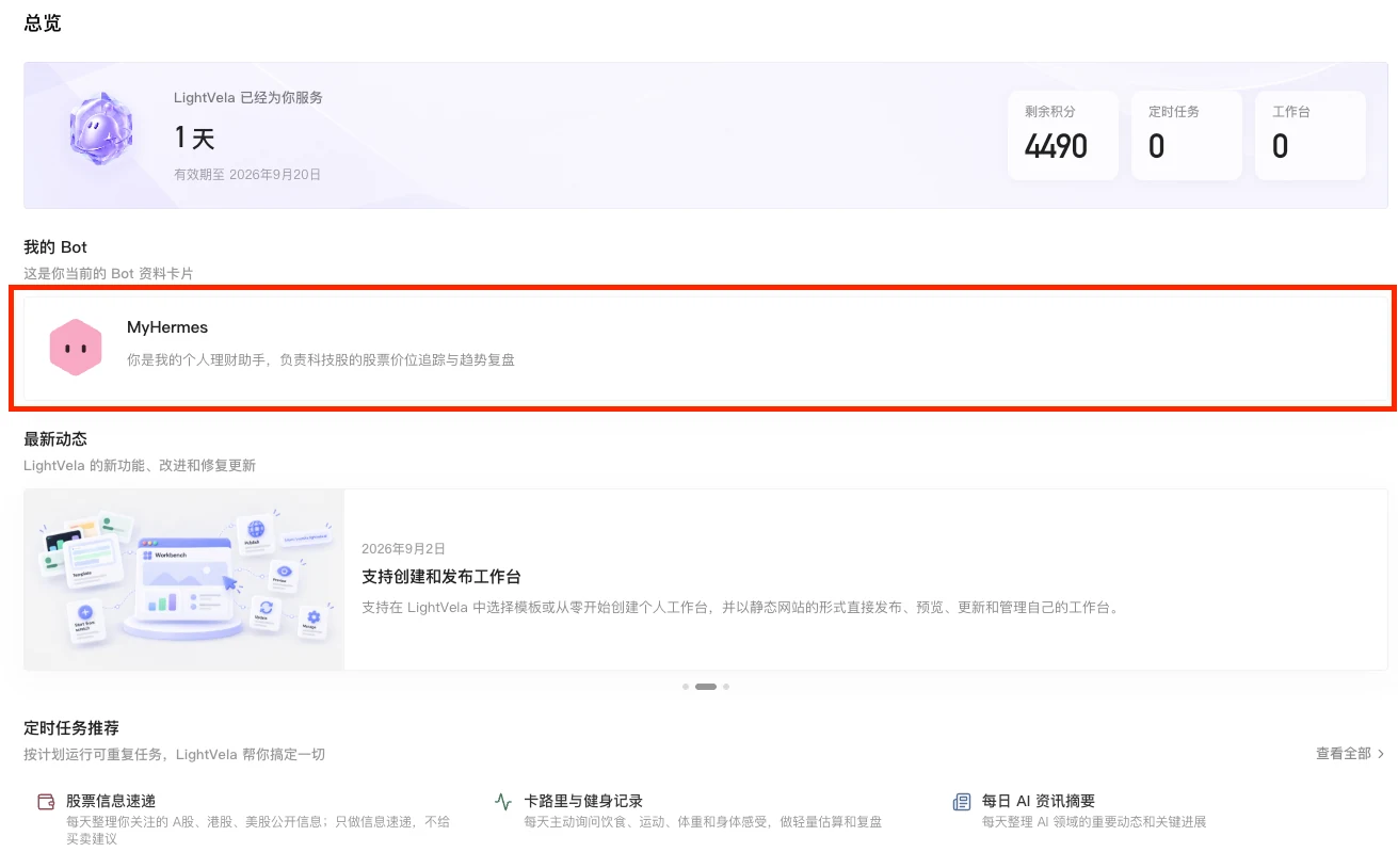 LightVela Agent 概览页面中的 My Bots Bot 卡片