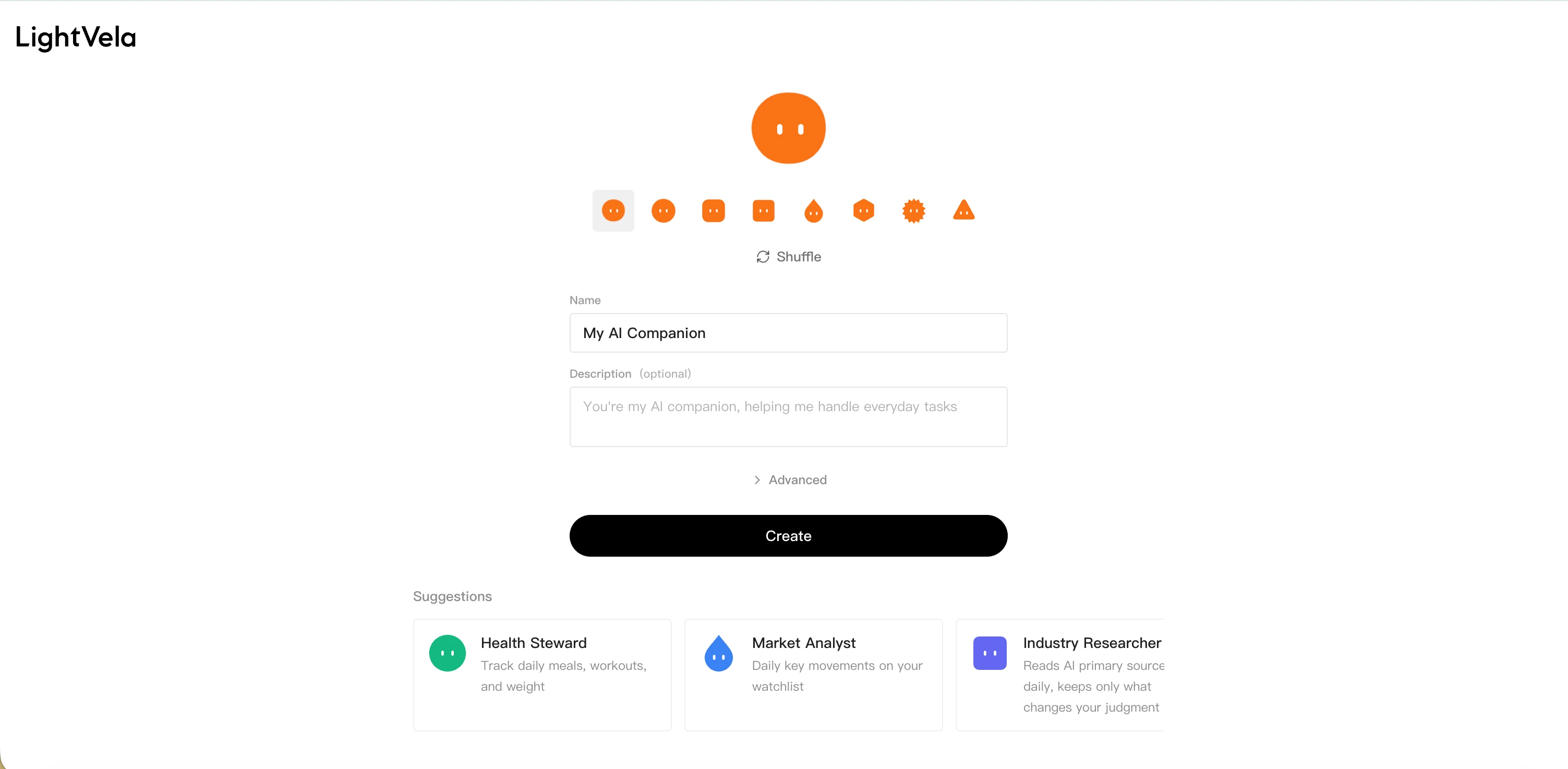 LightVela agent creation screen with suggested Bot templates