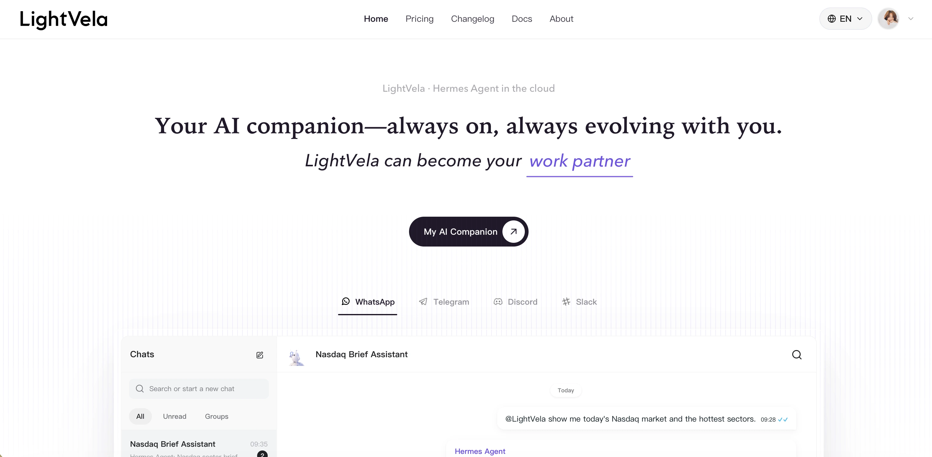 LightVela homepage showing its always-on AI companion and messaging channels