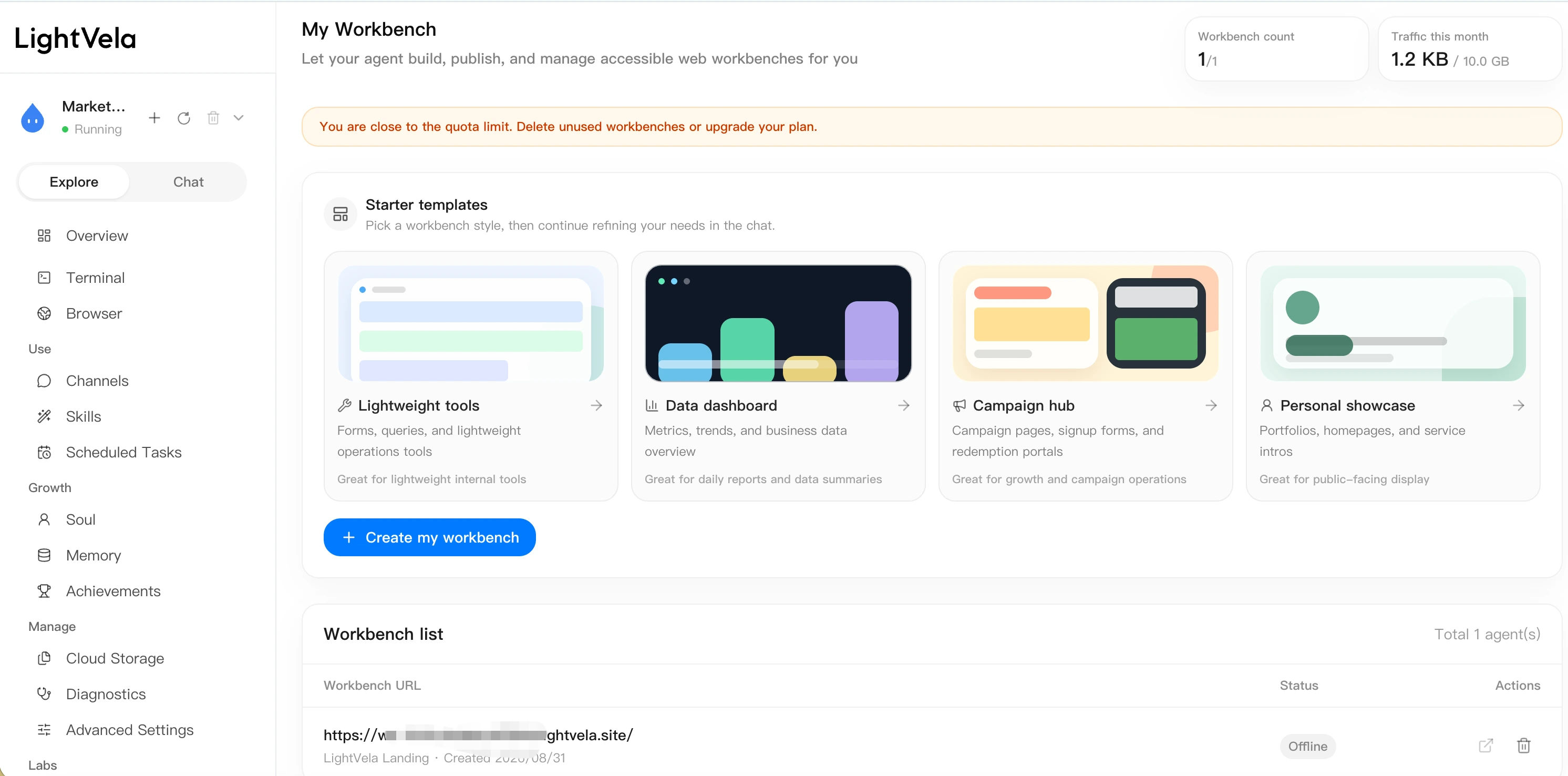 LightVela Workbench with starter templates and published web projects