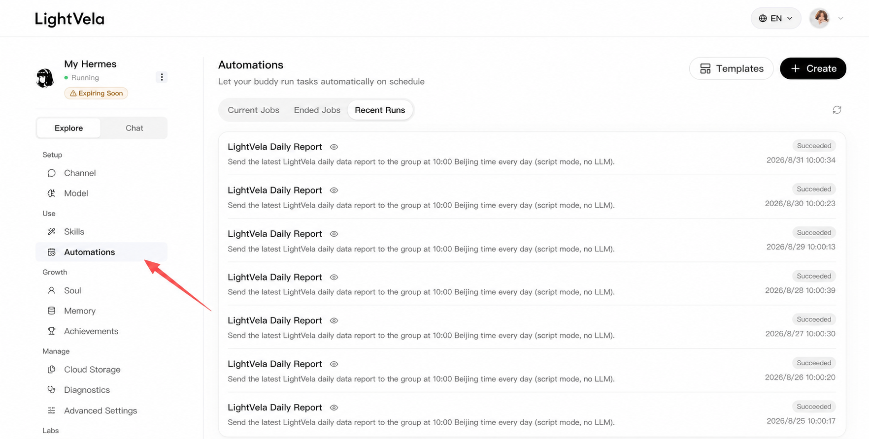 LightVela 计划 显示最近每日报告运行的任务页面